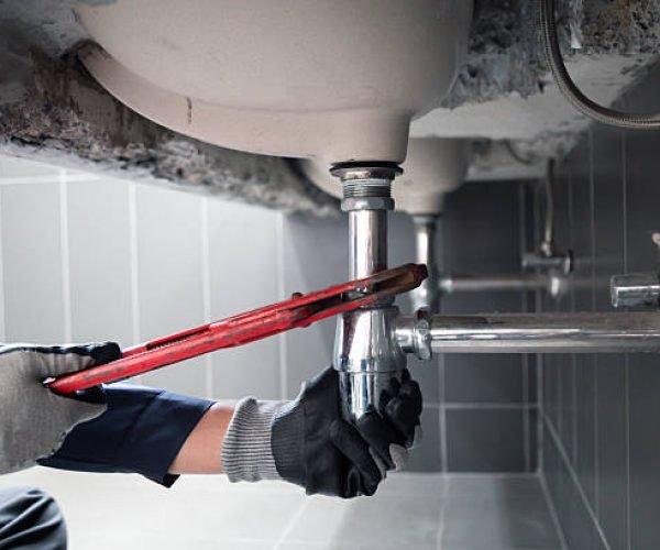 Plumber uses wrench to repair water pipe under sink There is maintenance to fix the water leak in the bathroom.